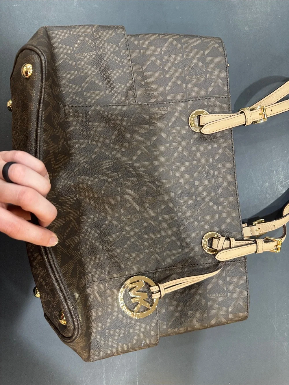 Michael Kors Brown Logo Tote with Tan Straps and Gold Hardware